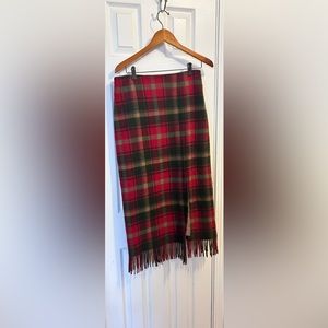 Vintage wool plaid fringe fitted blanket skirt USA made